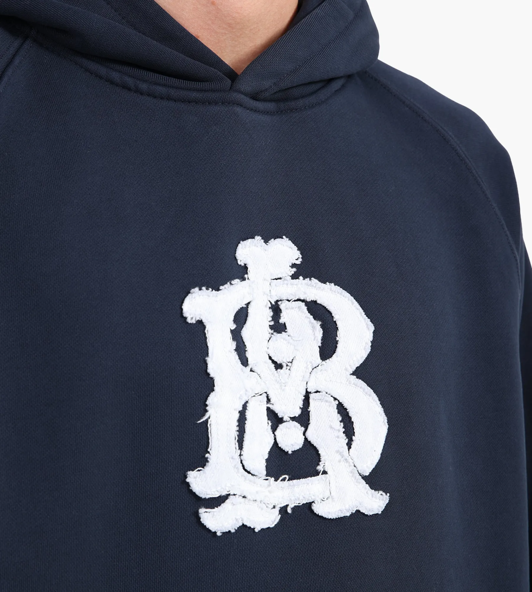 about:blank Monogram Cut Off Hoodie Navy