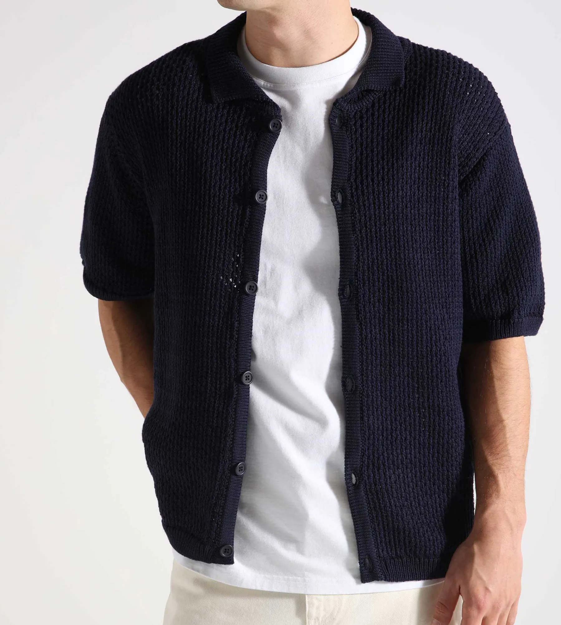 Arte Antwerp Crochet Knit Button Shirt Navy