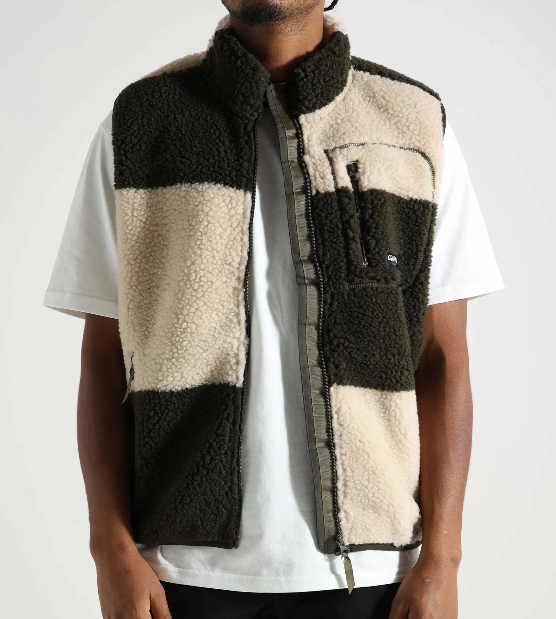 Gramicci Checkered Sherpa Vest Natural Olive Check