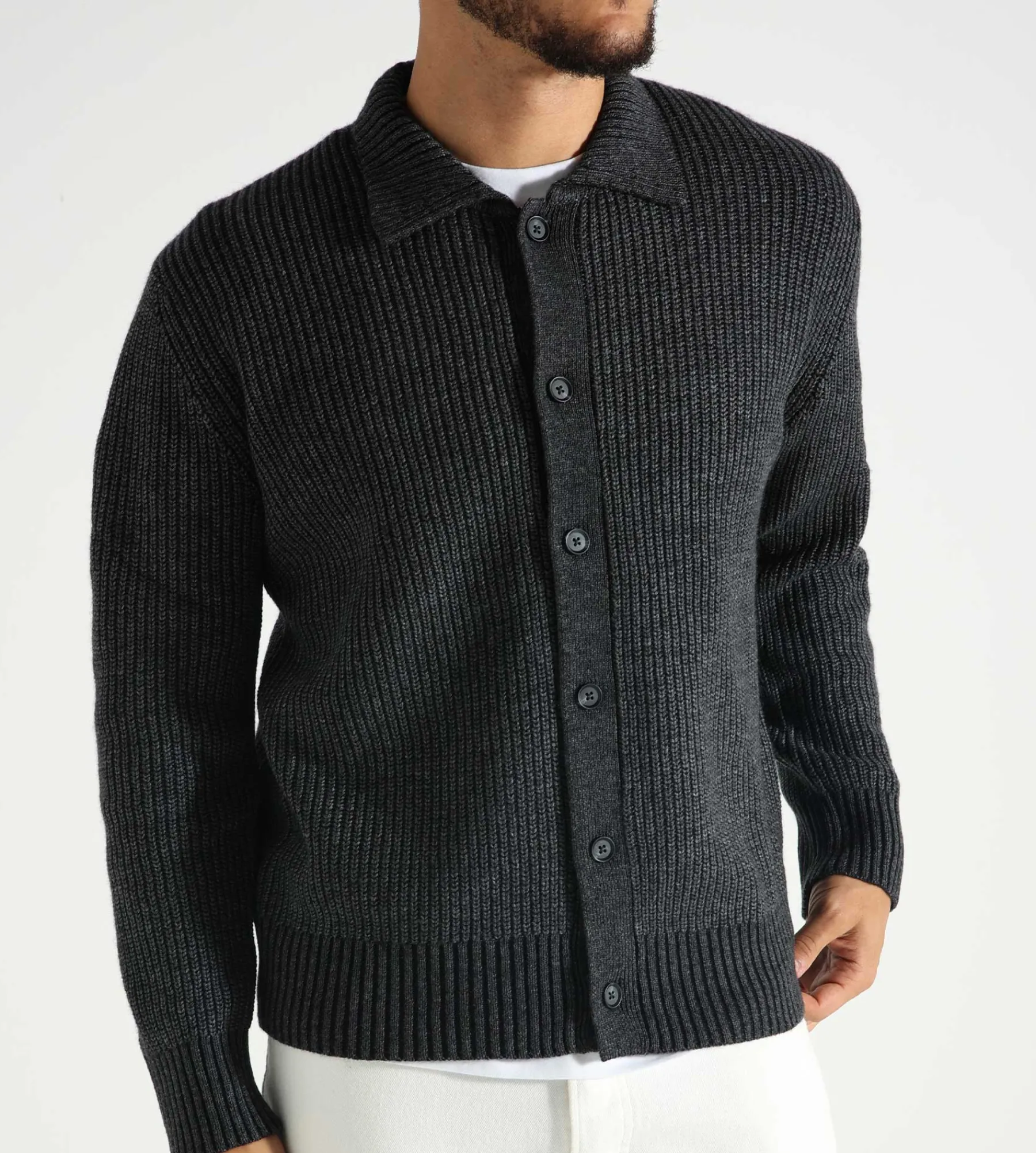 OLAF Knitted Ribbed Cardigan Dk Grey